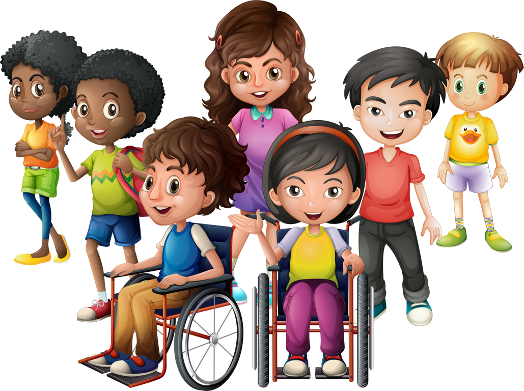 Happy children standing and on wheelchairs